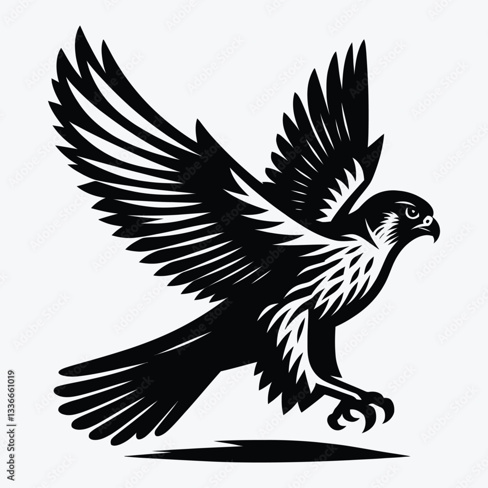 Obraz premium Vintage Falcon Silhouette Vector – Detailed Flying Bird Illustration