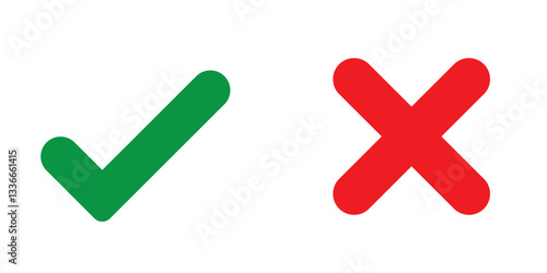 Right and wrong vector icon set rounded color black outline, flat rounded check mark, cross, x mark, circle shape thin line tick mark symbol. Approval and rejection signs isolated on white background