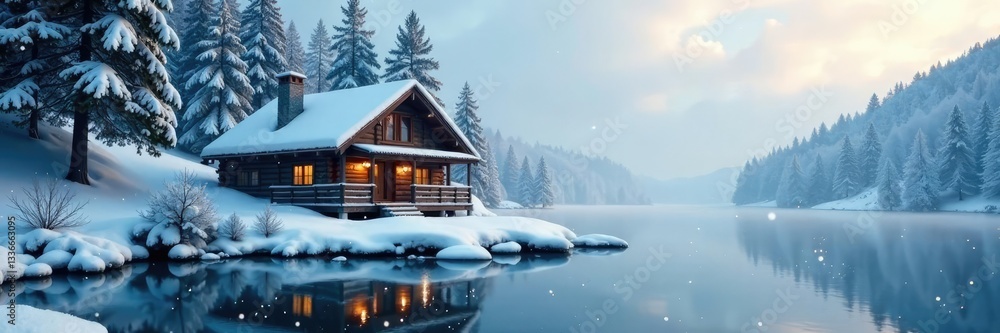 Fototapeta premium Snowflakes gently fall onto a frozen lake in front of a rustic cabin, cabin, trees