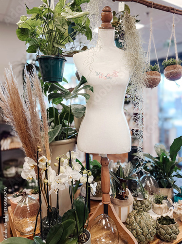 Buste de couture et décoration florale.