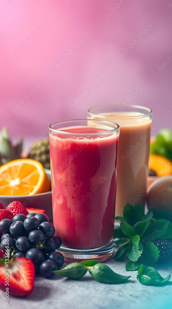 Fresh fruit and vegetable smoothies with various ingredients around, created by generative ai Fresh fruit and vegetable smoothies with various ingredients around, created by generative ai