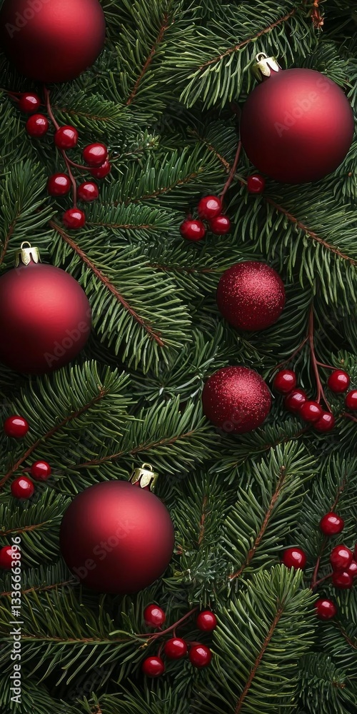 Festive Evergreen Branches Adorned with Red Ornaments and Berries: A Holiday Decoration Festive Evergreen Branches Adorned with Red Ornaments and Berries: A Holiday Decoration