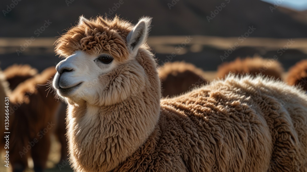 Obraz premium Fluffy alpaca in a field. Close-up view of a light brown alpaca, with a textured coat and a curious expression. Other alpacas are visible in the background