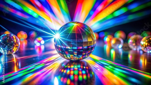 Blurred rainbow refraction overlay with a light prism effect on a black background. Holographic reflections and crystal flare leaks create a dreamy glow. Vibrant disco ball light leaks add a dynamic.