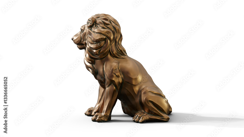 Fototapeta premium Bronze stylized sitting lion 3d Sculpture premium png isolate on transparent background with shadow 