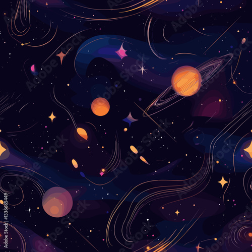Galaxy, deep space, nebulae, stars, luminous elements style pattern. Seamless pattern for wallpaper, bedding, etc.