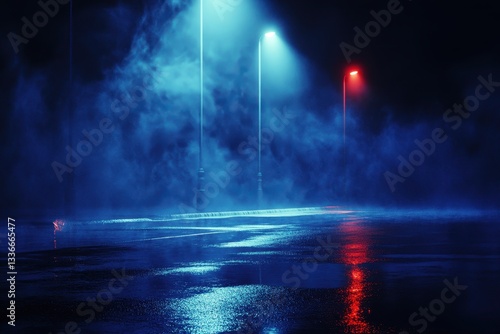 Night street scene, misty, wet road with blue and red streetlights. Perfect for film noir, mystery, or suspense projects needing an atmospheric backdrop.