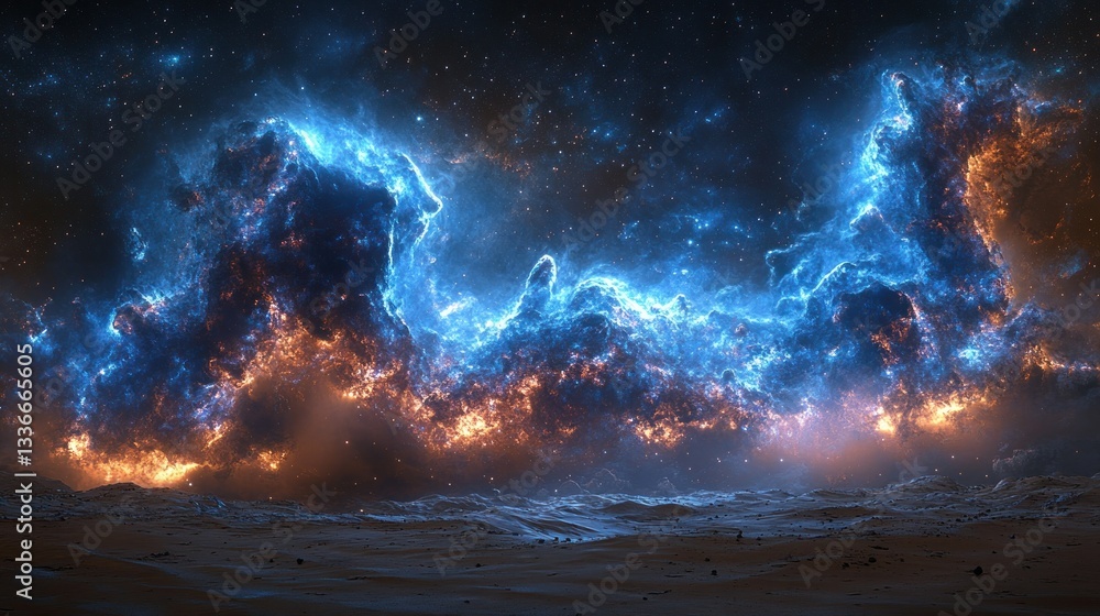 Fototapeta premium Fiery, blue nebula above a desolate, orange landscape