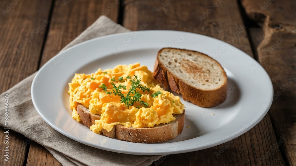 scrambled Eggs with Toast on white plate, wood background scrambled Eggs with Toast on white plate, wood background