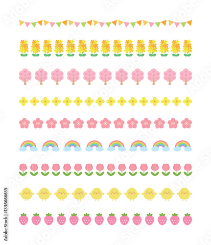 Cute spring concept icon border line set. Cherry blossoms, flowers, rainbow, balloons, hot air balloons, chicks, rape blossoms, garland, strawberries, trees, tulips.