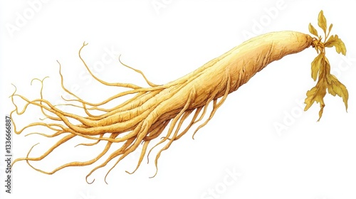 Twisted ginseng root with exposed roots showcasing its unique shape and structure in natural setting