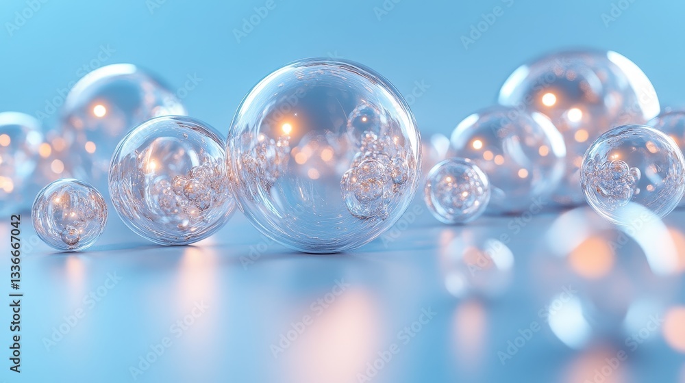 Glass spheres reflecting light on blue background Glass spheres reflecting light on blue background