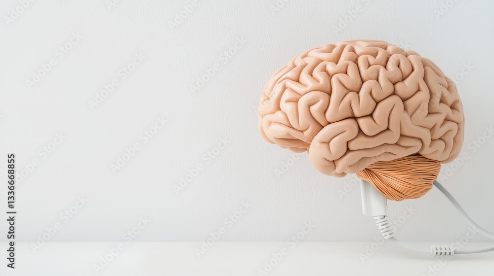 Digital detox balance wellness. A realistic model of a human brain, showcasing intricate details and textures, set against a plain background. Digital detox balance wellness. A realistic model of a human brain, showcasing intricate details and textures, set against a plain background.