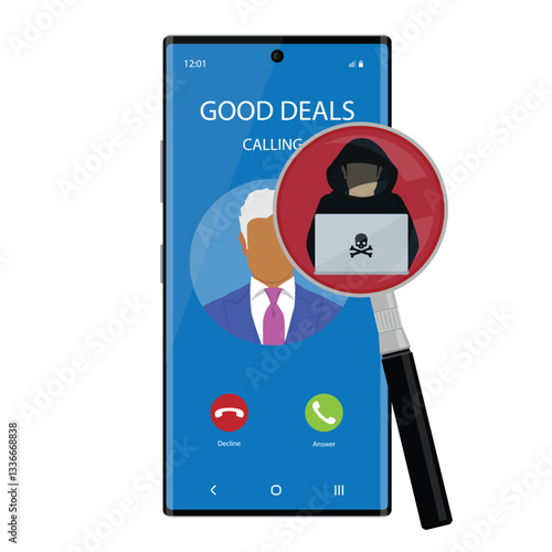 Thief, scammer, hacker calling on smartphone to steal private data on devices.