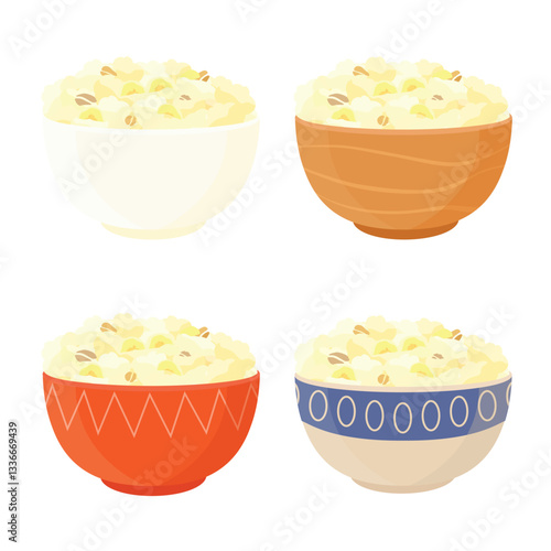 Collection of ceramic bowls with various designs with oatmeal, cornmeal porridge with banana
