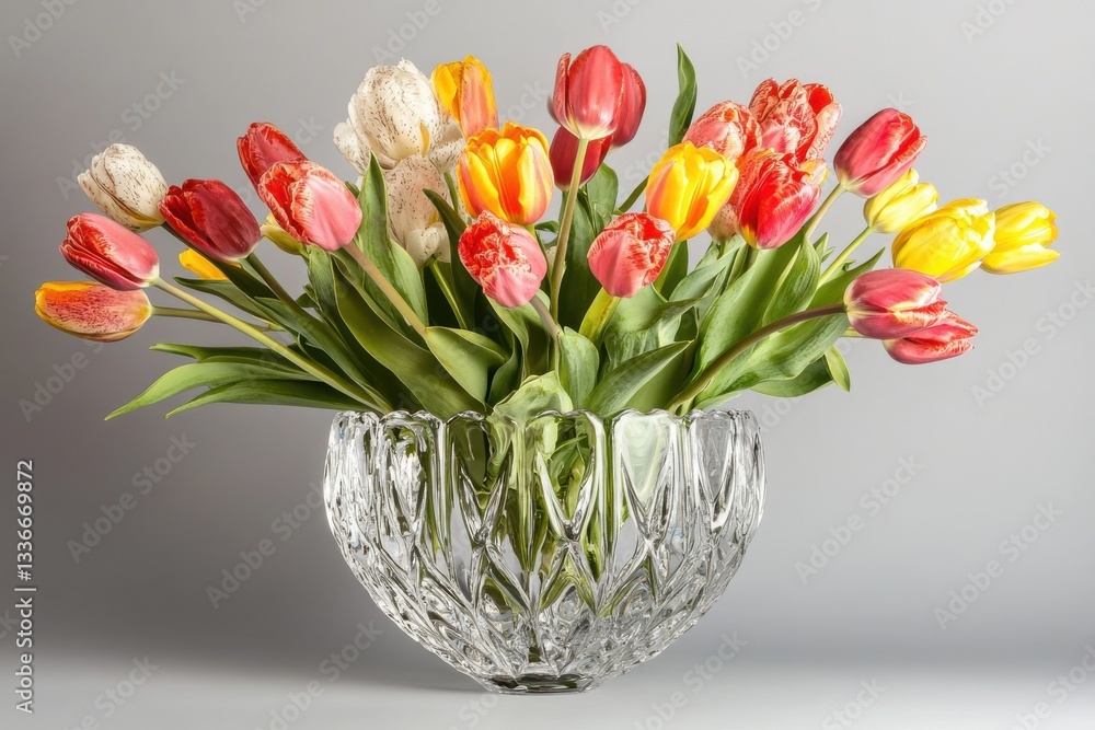 A crystal vase filled with fresh tulips. A crystal vase filled with fresh tulips.