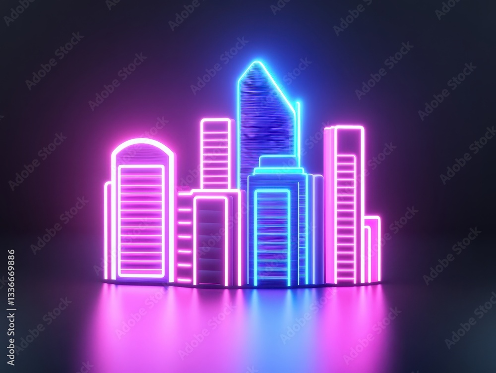 Fototapeta premium Neon city skyline with glowing buildings reflecting on a dark surface