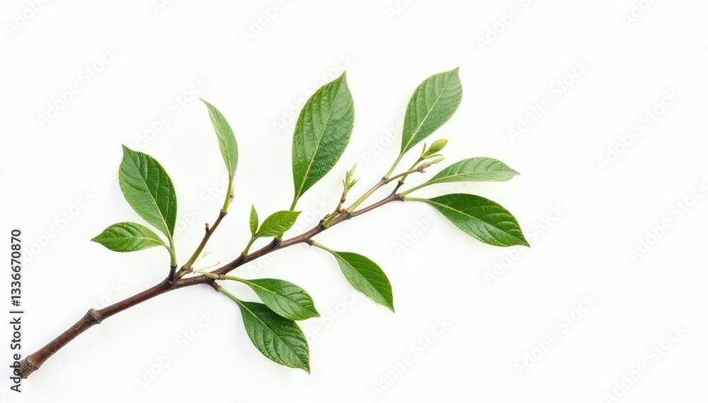 Delicate branch isolated on white background with fine twigs and leaves, nature, plant Delicate branch isolated on white background with fine twigs and leaves, nature, plant
