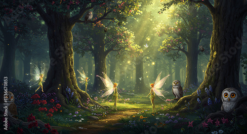 A magical forest with glowing trees and luminous blossoms, where fairies with iridescent wings and wise owls peek from behind the foliage, creating an ethereal atmosphere