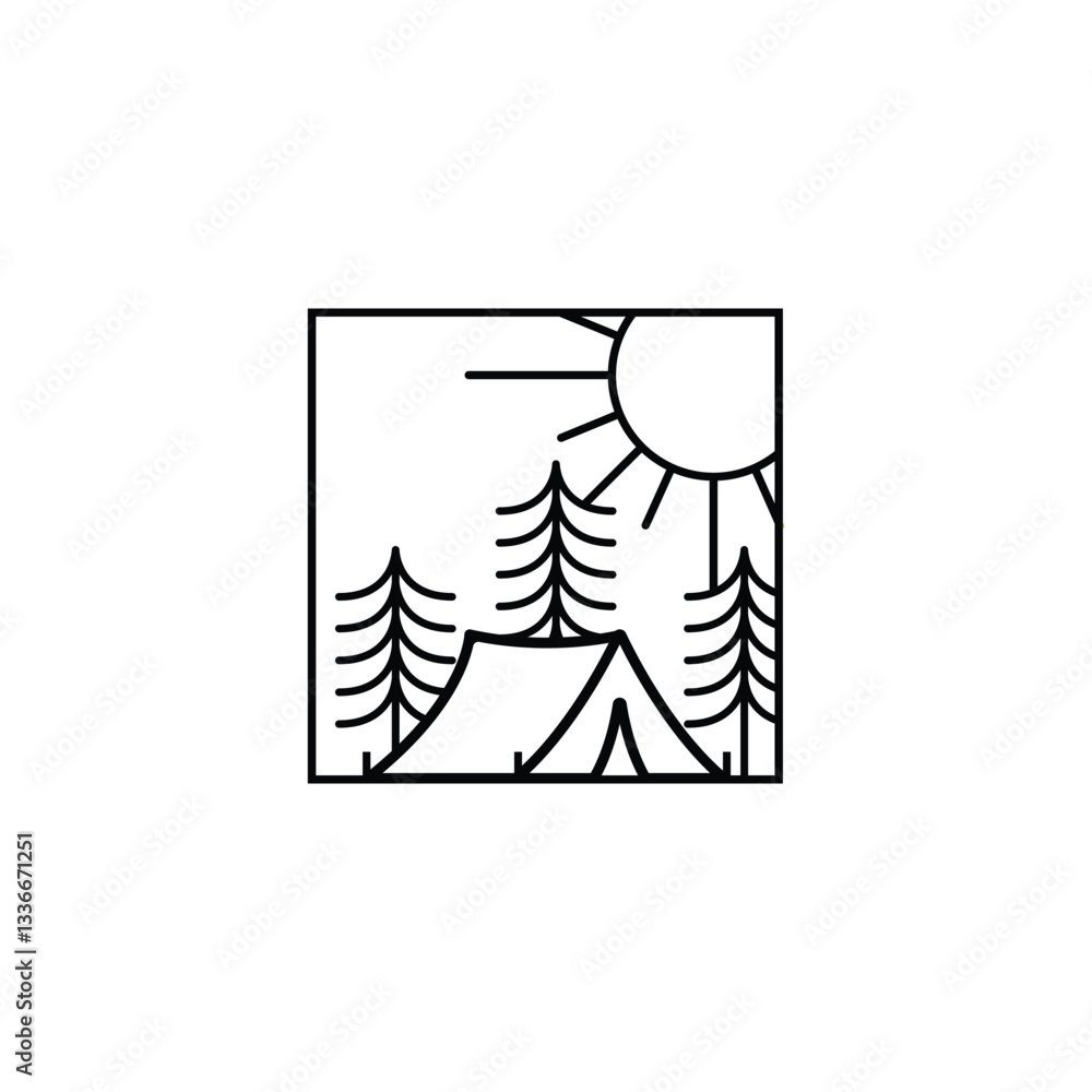 Camping scene in the desert in mono line art Camping scene in the desert in mono line art