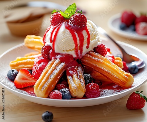 Sweet churros topped with vanilla ice cream, fresh mixed berries, and strawberry sauce, garnished with mint leaves on a plate