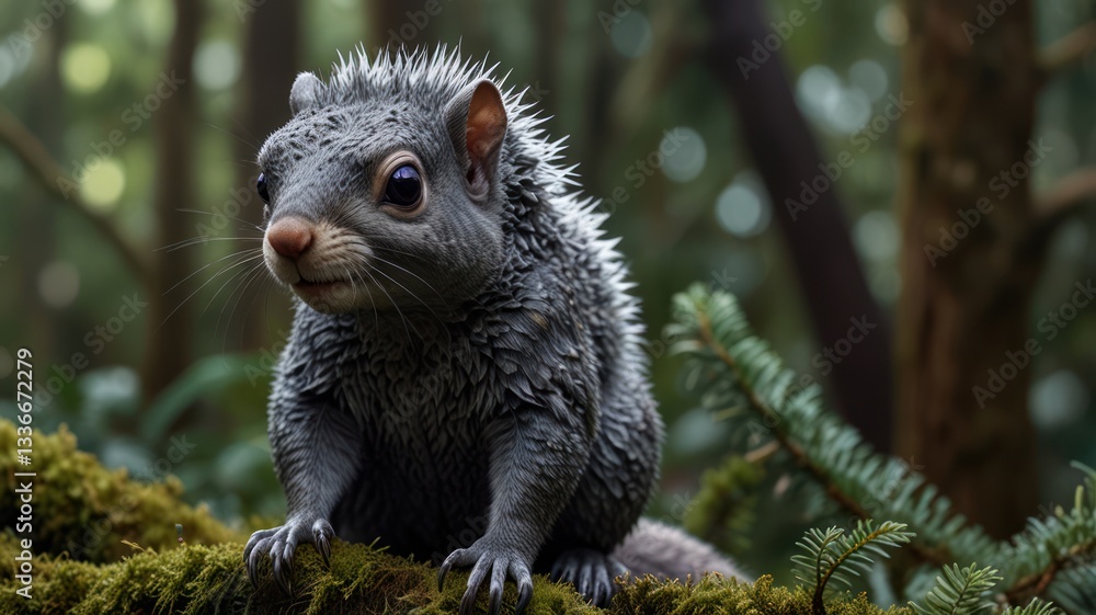 Obraz premium Close-up of a wet gray squirrel perched on a mossy branch in a lush forest