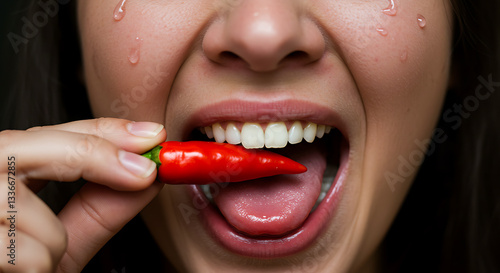 A person taking a bite of an extremely spicy pepper, face turning red with watering eyes and mouth open, fanning their tongue in a comedic attempt to cool it down