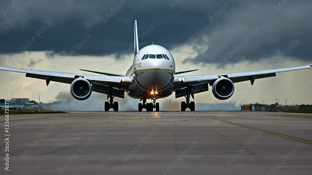 Airplane on a runway with cloudy sky, front view Airplane on a runway with cloudy sky, front view