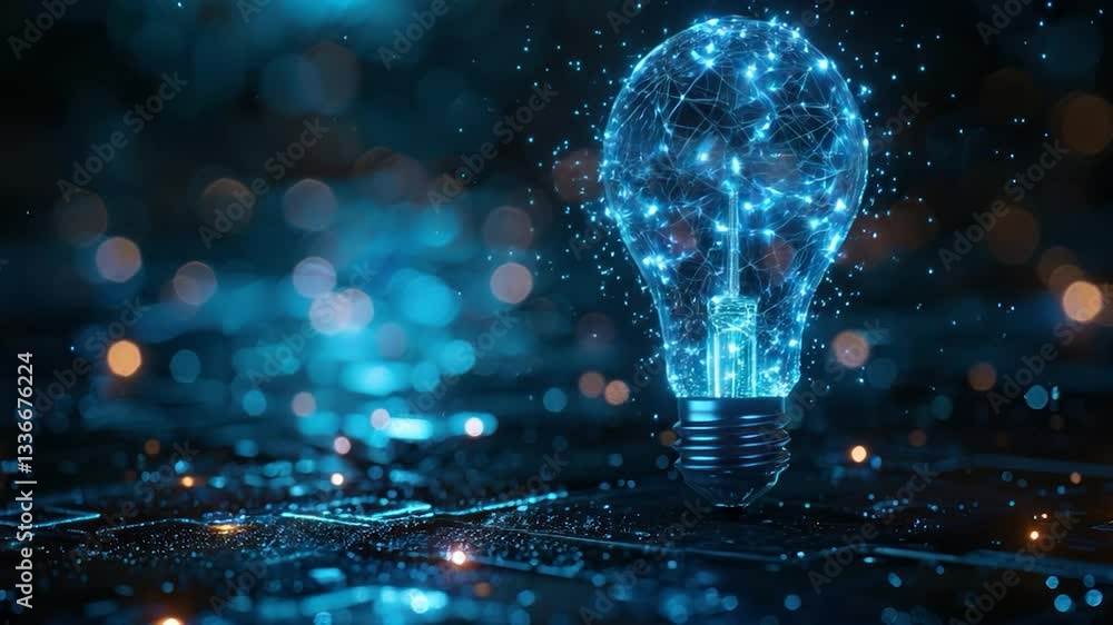 Glowing Light Bulb of Digital Particles Illuminates Dark Background, Symbolizing Innovation, Technology, and Creativity Glowing Light Bulb of Digital Particles Illuminates Dark Background, Symbolizing Innovation, Technology, and Creativity