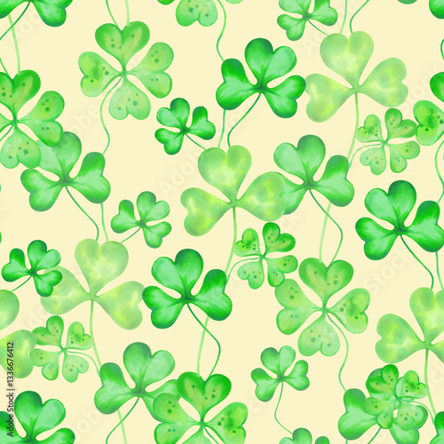 Petals of shamrock and four leaf clover. Seamless pattern. Watercolor and marker illustrations. Hand drawn Irish symbol of St. Patrick's Day. Isolated design background for packaging, fabric, textile