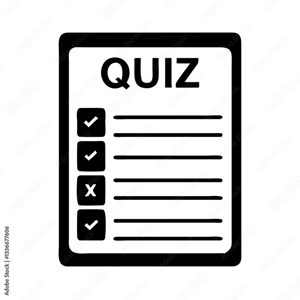 Quiz sheet icon with checkmarks and cross in black and white for assessment and education concept Quiz sheet icon with checkmarks and cross in black and white for assessment and education concept