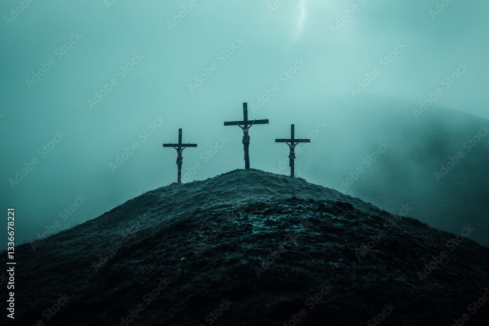 three crosses on Golgotha in foggy landscape with dramatic lighting and dark atmosphere