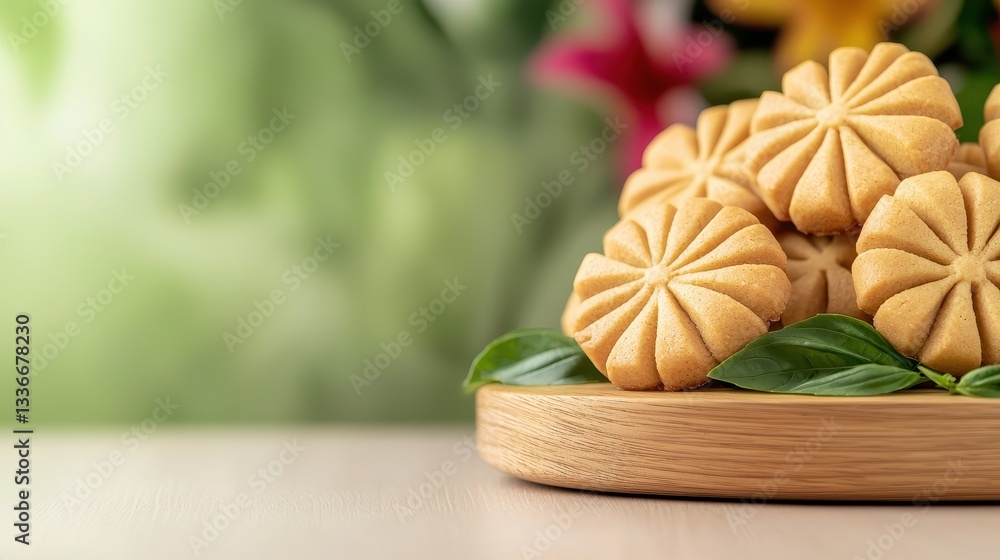 A plate of beautifully crafted cookies sits on a table, surrounded by vibrant foliage, creating a delightful and inviting atmosphere. A plate of beautifully crafted cookies sits on a table, surrounded by vibrant foliage, creating a delightful and inviting atmosphere.