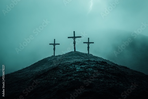 Obraz na płótnie three crosses on Golgotha in foggy landscape with dramatic lighting and dark atmosphere w salonie