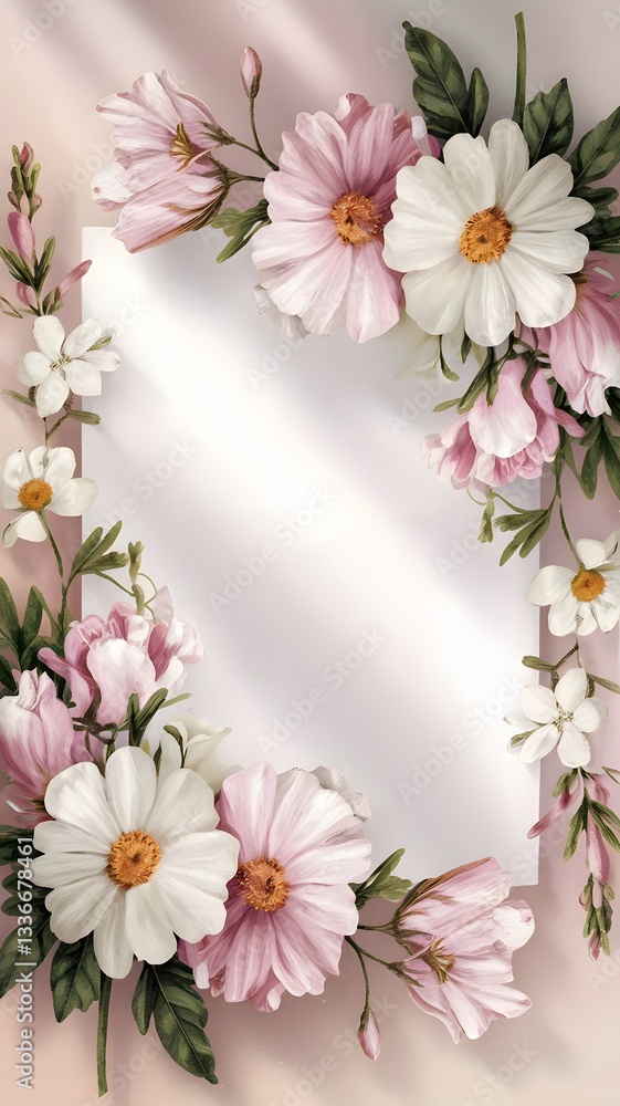 Obraz premium Floral frame with white and pink flowers on a pastel pink background. Generated by AI