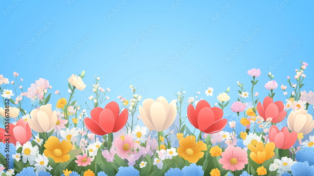 A vibrant full-frame illustration of colorful flowers in full bloom, perfect for business backgrounds, decoration, textile printing, and creative design projects. A vibrant full-frame illustration of colorful flowers in full bloom, perfect for business backgrounds, decoration, textile printing, and creative design projects.