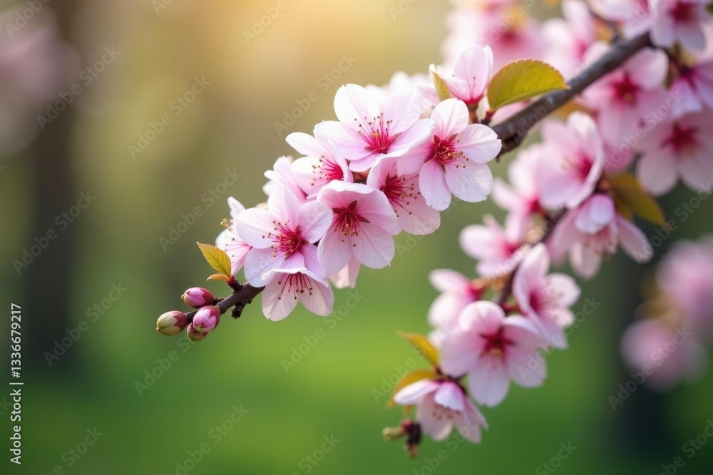 Obraz premium Pink and white cherry blossoms cascade down a pale wooden branch, garden, blossom, tree