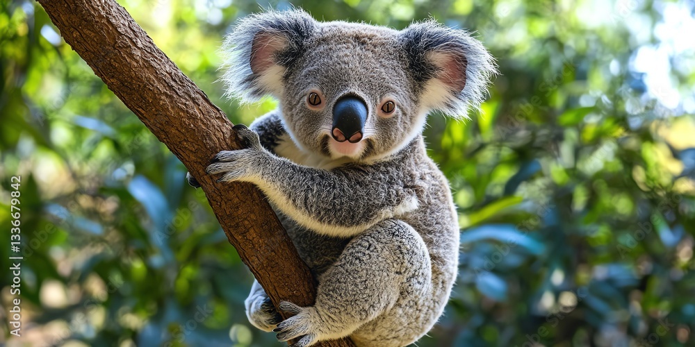 Naklejka premium Koala Bear Climbing on Tree Branch in Green Forest Setting