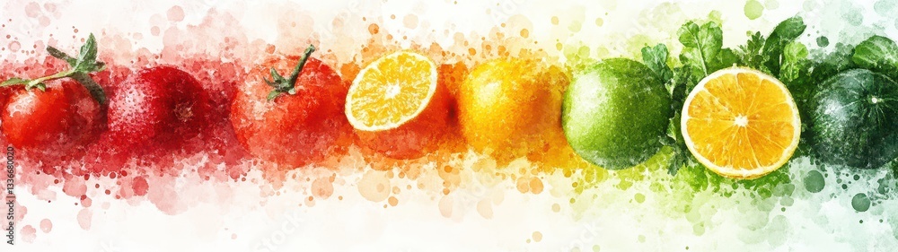 A vibrant assortment of fresh fruits and vegetables arranged in a gradient of colors, featuring red tomatoes, orange citrus, and green limes against a bright background A vibrant assortment of fresh fruits and vegetables arranged in a gradient of colors, featuring red tomatoes, orange citrus, and green limes against a bright background