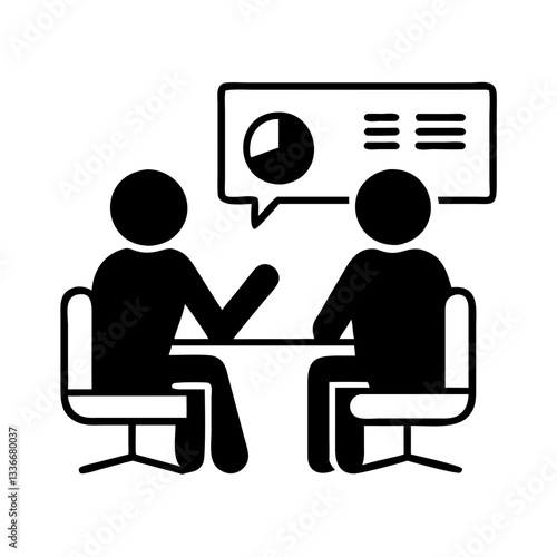 Discussion icon featuring two people talking over a table with a chart and notes