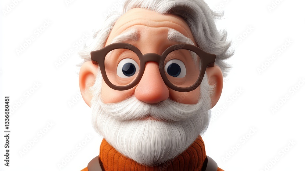 Obraz premium A cheerful elderly character with a white beard and glasses showcases a kind expression. He wears an orange sweater, conveying warmth and wisdom. This character radiates friendliness and charm