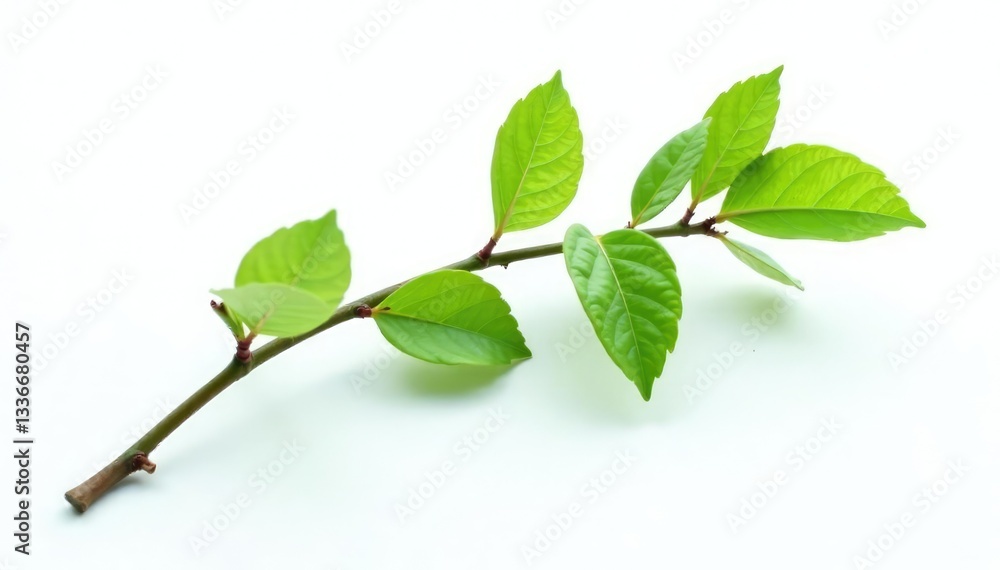 Fototapeta premium Single branch with a few leaves on a white background, isolated, leafy