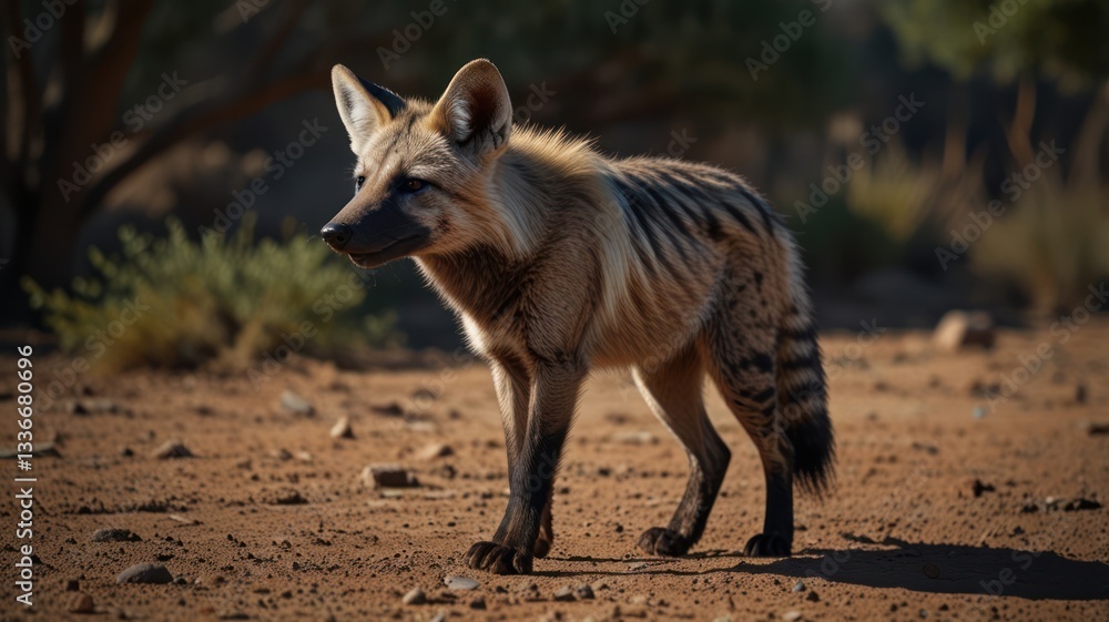 Fototapeta premium African wild dog in a sunlit savanna landscape