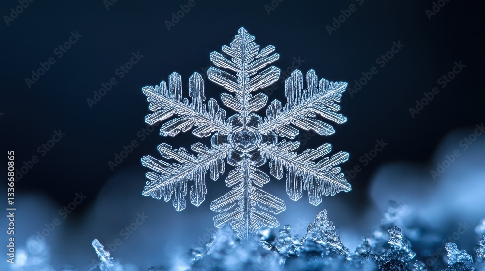 Intricate Snowflake on Snow, Winter Macro Photography, Nature Background, Holiday Card Intricate Snowflake on Snow, Winter Macro Photography, Nature Background, Holiday Card