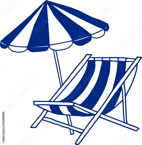 Blue Retro Beach Chair & Umbrella