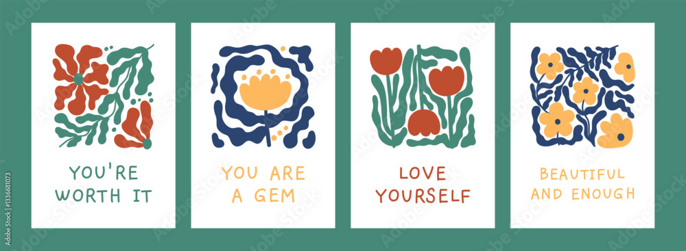 Fototapeta premium Abstract flower card for womens day set. Floral doodle shape in trendy wavy naive style. Self love concept. Retro poster, print, banner, template. Hand drawn illustration isolated on white background.