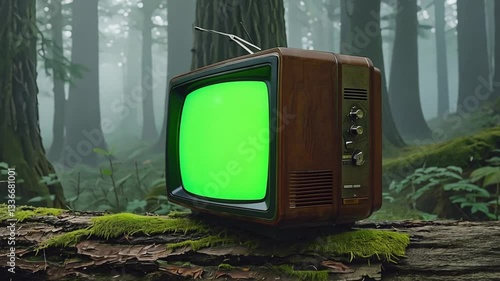 Vintage television with a green screen in a misty forest