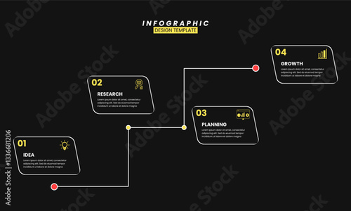 Business Infographic Design Template with Four Steps Idea Research Planning and Growth