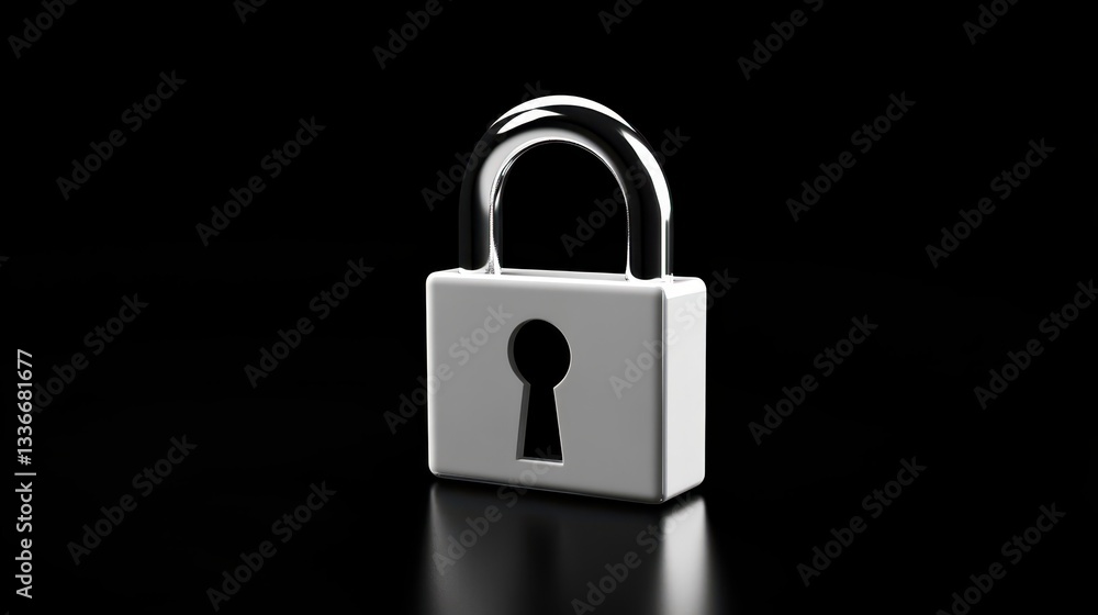 Naklejka premium A white padlock stands out against a black background, symbolizing security and protection. The shiny silver shank adds a modern touch to the classic design, highlighting its importance