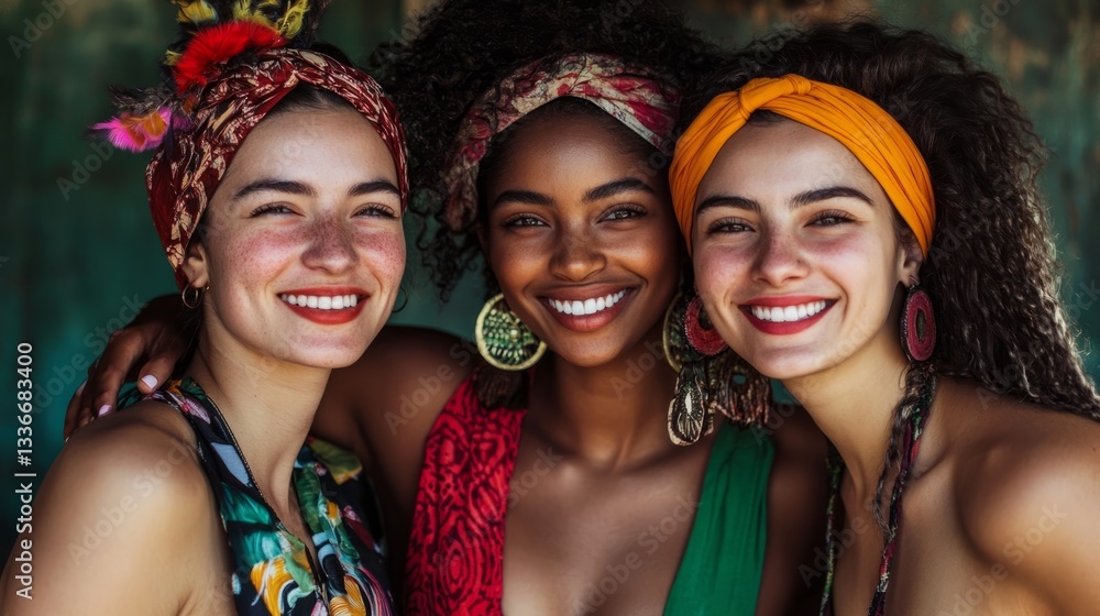 Fototapeta premium Headshot of group of cheerful diverse women in casual clothes smiling broadly against bright background 